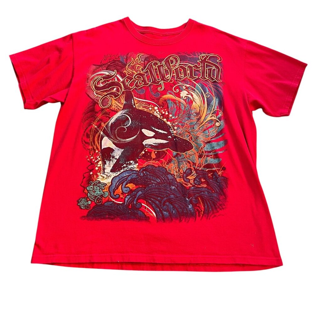 Vintage SeaWorld Shirt Men's Size L Orca Killer Whale Red Big Logo Graphic Print